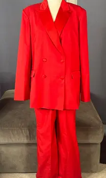 Women’s Red 2 Piece Formal Tuxedo Suit Satin Peak Lapel Dbl Breasted L **READ