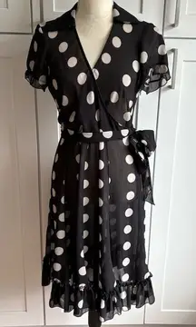 Sandra Darren Women's Size 4 Black Polka Dot Sheer Wrap Dress Midi Length A-line