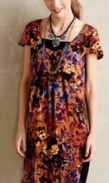 Anthropologie Maeve Pintura‎ Floral Silk Shift Dress Size S Pleated Short Sleeve