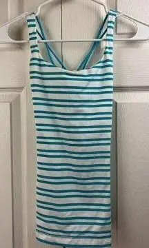 Lululemon Athletic Workout Tank Blue White Striped Est Size 4 Built In Bra EUC