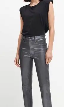 7 For All Mankind‎ High-Rise Metallic Coated Straight Leg Jeans Silver Denim 29