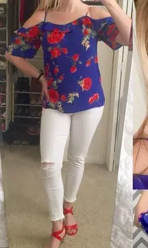 Skies Are Blue Ruffled Cold Shoulder Blouse in Red and Blue