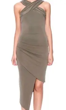 New  Asymmetric Halter Bodycon Dress Twisted Wrap Neck Sleeveless Taupe