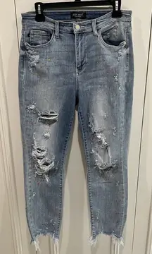Judy Blue Boyfriend Fit Blue Jeans Distressed Paint Splatter Grunge Boho