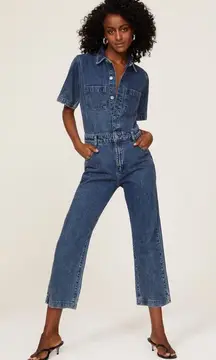 DL1961 Hannah Blue Denim Collared Cinched Waist Button Front Jumpsuit Size Small