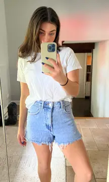 High-waisted blue denim shorts
