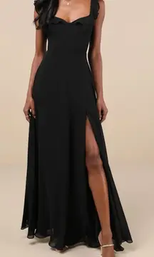 Lulus NWT Dreamy Admiration Black Ruffled Sweetheart Chiffon Maxi Dress Large