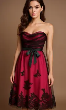 BCBG Max Azria Strapless Tulle Lace Dress XS Pink Black WhimsyGoth Vampy Formal