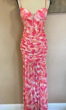 NWOT Vivid Appeal Pink Multi Print Ruched Bustier Mermaid Maxi Dress