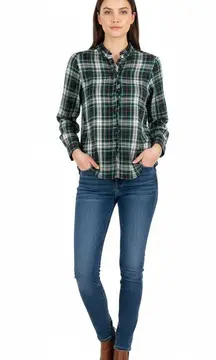 LOFT Plaid Long Sleeve Shirt Green Blue Ruffled Collar Half Placket Cotton XXSP