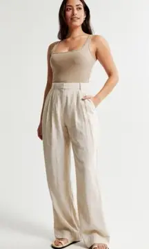 Abercrombie & Fitch Tan Linen Pleated High Rise Wide Leg Trousers