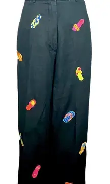 St Tropez West Black Linen Novelty Summer Shoe Print Pants 12