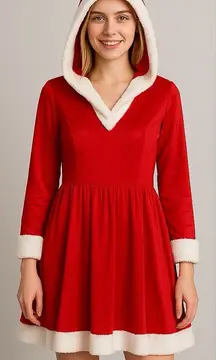 Holiday Red Santa Dress with Hood Ladies Size XL Faux Fir Trim Christmas Costume