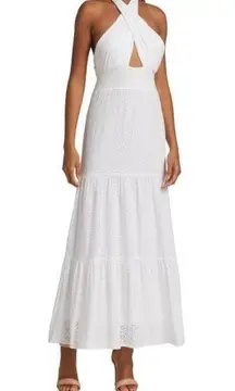 Alice + Olivia  Lyndon White Cross Front Halter Eyelet Maxi Dress Size 14