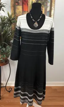 Nine West XL Black And Off-white Striped Sweater Dress 3/4 Sleeve Pullover Artsy