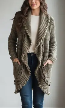 Boston Proper Ruffled Open Cardigan Sweater Jacket Size Medium‎