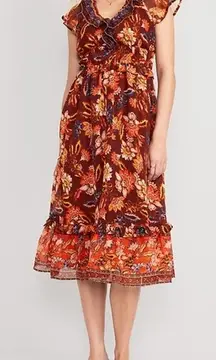 Old Navy Waist Defined Flutter Short Sleeve Floral Midi Dress Rust Red Small