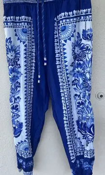 Farm Rio Tapestry Blue White Boho Floral Print Elastic Waist Pants Size Large