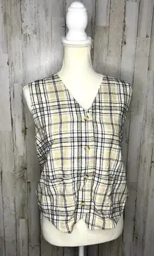 Vintage Silk Exchange Plaid Vest Women's Medium‎ Cream/Blue Button-Up Vest