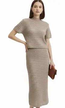 NWT House of Harlow Tan Knit Wool Crochet Dress Maxi Skirt Crop Top S