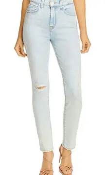 7‎ FOR ALL MANKIND The High Waist Skinny Jeans In Light Wash Ripped Knee Size 33