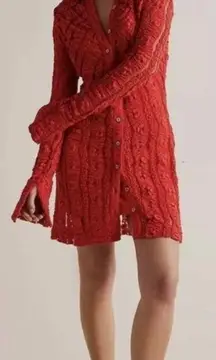 Free People Shayla Lace Mini Dress Red Front Button Wide Split Sleeves