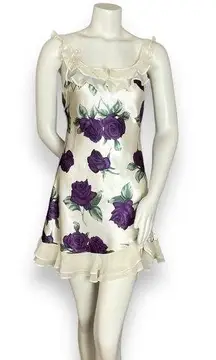 Mia-Mia Negligee Dress Floral Ruffle Cream Purple Lingerie Rose Straps Nightgown