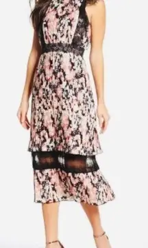 Foxiedox Jasmine Floral Pleated Lace Trim Midi Dress Size S