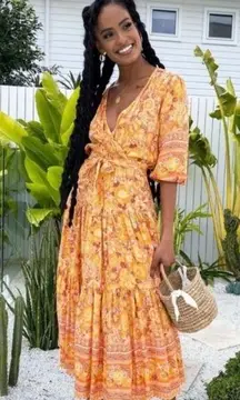 Petal & Pup Orange Yellow Floral Flowy Bohemian Sunset Maxi Dress XS