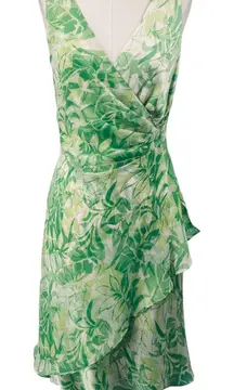 Vintage Y2k Silk Dress Floral Leaf Printed Faux Wrap Sleeveless Gathered Green