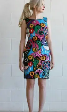 Laurence Kazar Sequined Pop Art Multicolor Sleeveless 80s Vintage Sheath Dress