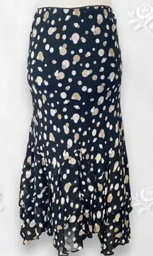 Early 2000's Cream White Polkadot Black Mesh Tiered Frilly Midi Skirt 14 / L