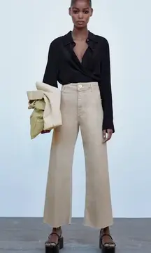 Zara Marine Straight Wide Leg Jeans Sz 0 Tan Beige High Rise Stretch