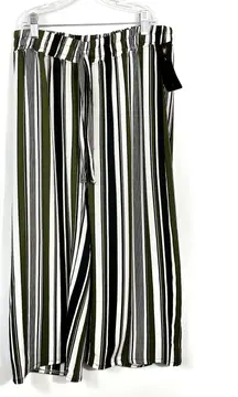 Ashley Blue Green & Black Striped Crepe Straight Leg Tie Waist Crop Pants NWT XL