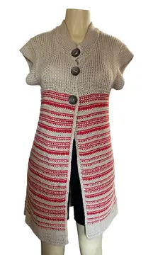 Free People Long Knit Sweater Vest Cardigan – Button Front Red Beige Striped S