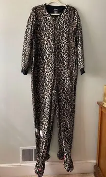 Nick & Nora Adult Fleece Footie Pajamas Leopard Print Cat Feet Size Large Ladies
