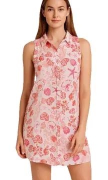 Sigrid Olsen 100% Linen Shirt Dress Size Small Red White Shell Ocean Print