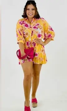 Emily wonder 3/4 sleeve button down tie waist shorts romper