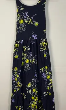 NWT Time and Tru Navy Lemon Floral Print Tie Back Maxi Dress Women's XS