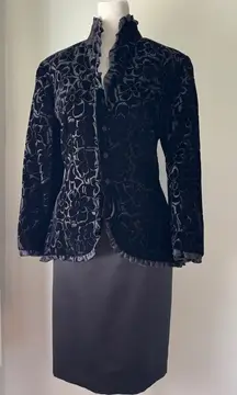Vintage Y2K Noviello-Bloom Black Ruffle Trim Jacket + Midi Pencil Skirt Set