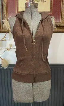 Vintage Y2K Old Navy Brown Metallic Sleeveless Halter Hoodie Zip Vest - S 💚🎀