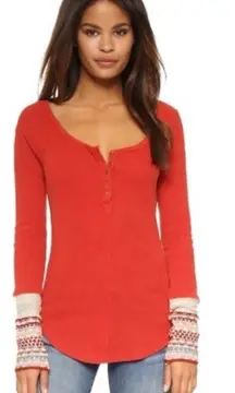FREE PEOPLE Thermal Ski Lodge Top Orange Waffle Knit Crochet Cuffs Size Sz SP