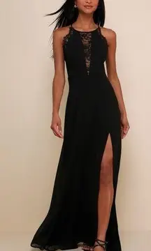 Lulus Romantic Mood Black Lace Sleeveless Maxi Dress NWOT Black Tie Side Slit