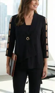 Joseph Ribkoff Black Wrap Top ,Cutout Sleeves & Gold Grommet (Style 1631) SIZE 8