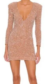 Retrofete Pamela Plunging V Neckline Nude Sequin Long Sleeve Mini Dress Size S