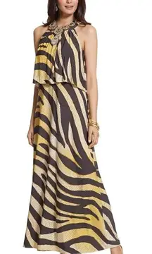 Chico's Black And Gold‎ Zebra Print Jersey Sleeveless Halter Neck Maxi Dress S