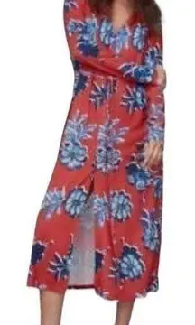 𝅺ZARA Womens Printed Midi Shirt Dress Red Blue Floral Long Sleeve Sz S