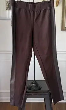H by Halston Brown Ponte Pull On Pants Faux Leather Tuxedo Stripe 10