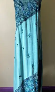 Vintage 90s Y2K Turquoise Embroidered Tank Maxi Dress Blue Boho Festival S‎