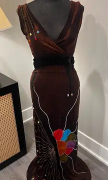 Rising International Artisan Style Brown Embroidered Maxi Dress Size Small